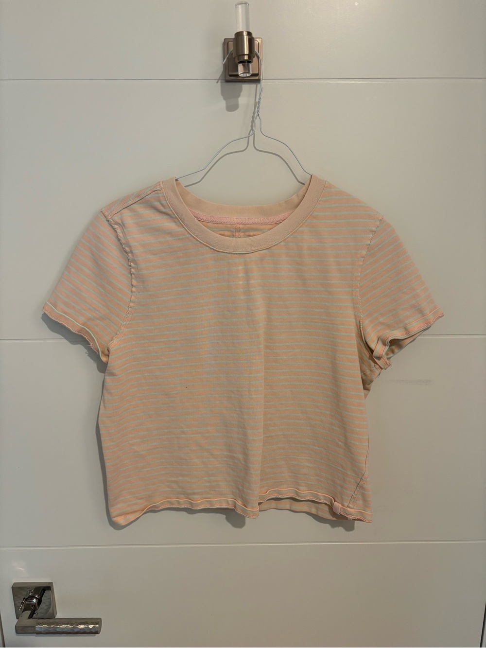 Free People Peach & Light Green Striped Ribbed Crop Tee